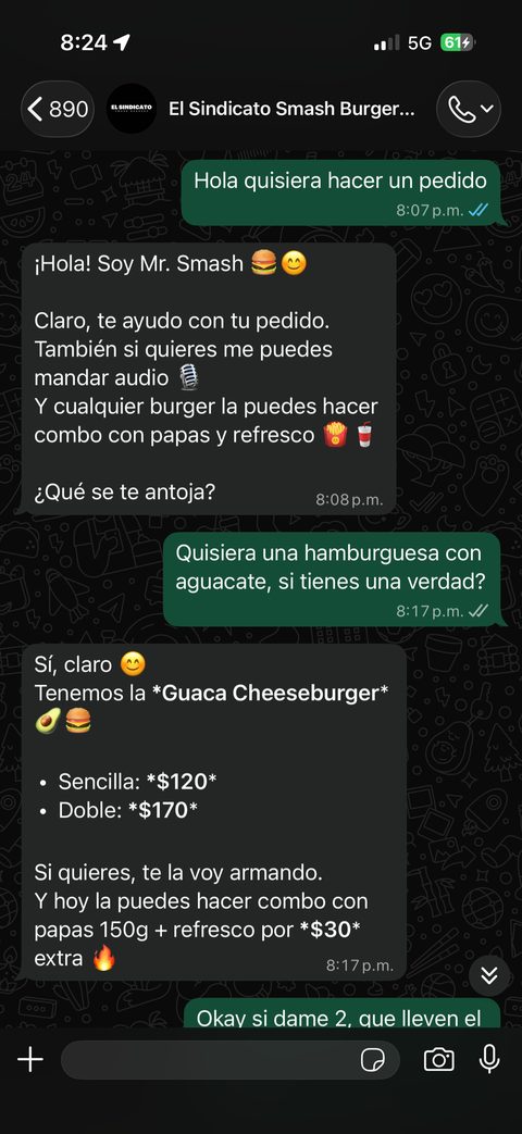 Captura 1 de conversación real de un cliente con el agente Watson en El Sindicato Smash Burgers