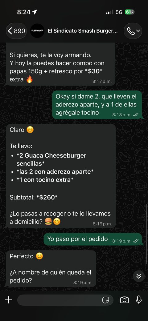 Captura 2 de conversación real de un cliente con el agente Watson en El Sindicato Smash Burgers