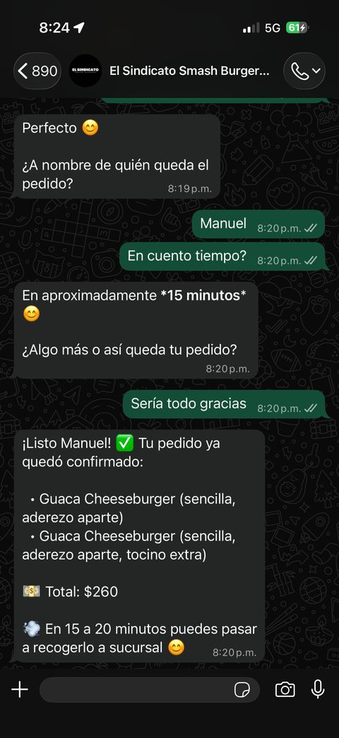 Captura 3 de conversación real de un cliente con el agente Watson en El Sindicato Smash Burgers
