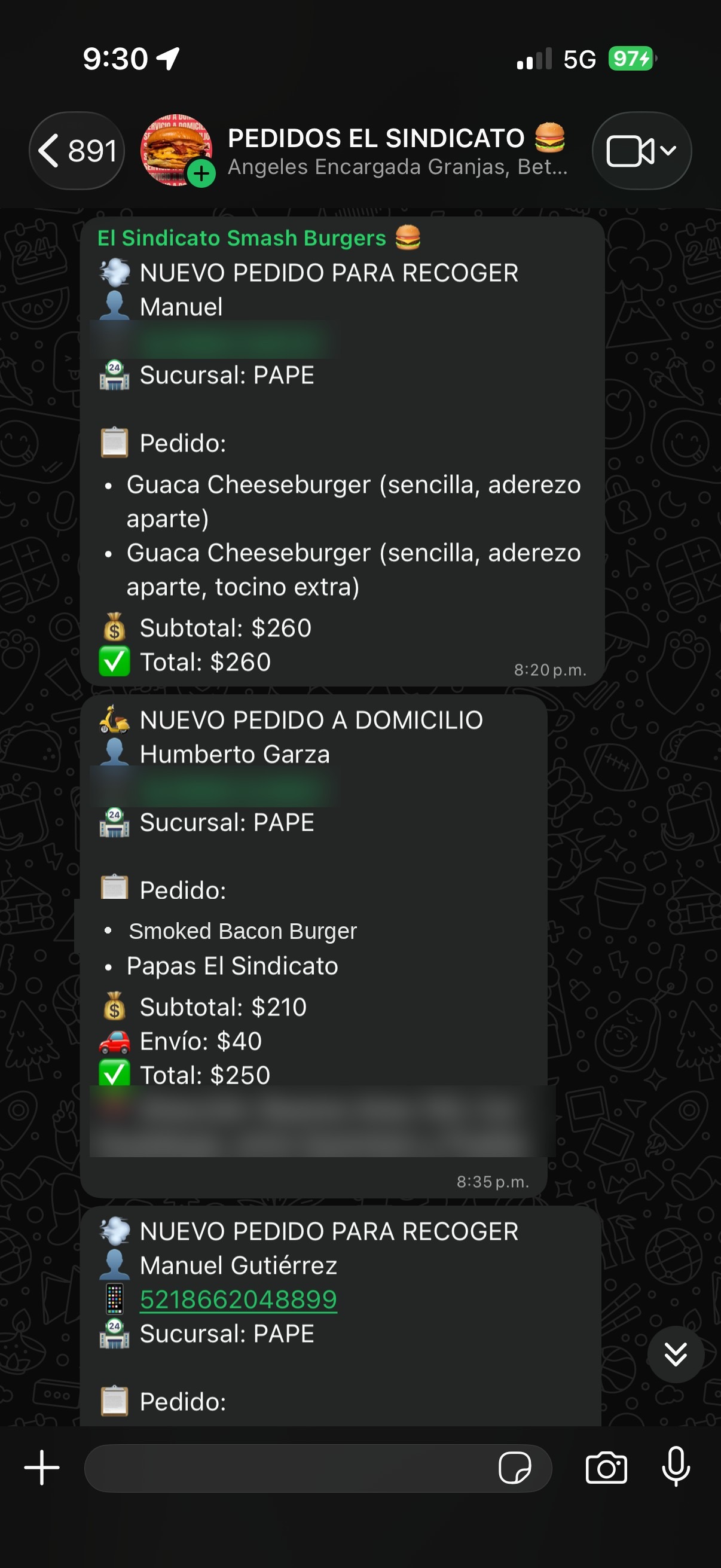 Comanda real llegando al grupo de WhatsApp del equipo